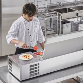 Refrigerated Condiment Prep Station, 135 W Countertop Refrigerated Condiment Station, With 2 1/3 Pans & 4 1/6 Pans, 304 Stainless Body And PC Lid (red: Silver)