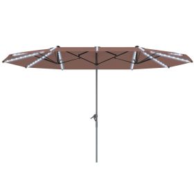 15ft Double-Sided Outdoor Umbrella With Solar Lights,  Extra Large Aluminum Patio Umbrella With Crank, Tan (red: Tan)