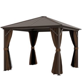 10 X 10 Hardtop Gazebo Canopy, Permanent Pavilion With Hook, Curtains, Aluminum Frame For Patio, Garden, Dark Brown (red: Dark Brown)