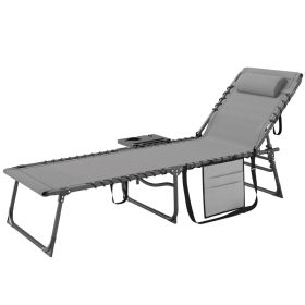 Folding Outdoor Chaise Lounge Chair Tanning Chair With 5-Level Adjustable Back, Side Table, Pillow, Pocket, Gray (red: Gray)