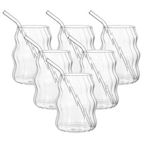 6 Pcs 19 Ounce Glass Straw Cup, Coffee Cup, Milk Cup, Juice Cup, Cold Drink Cup, Tea Cup, Water Cup, Office Cup, Striped Cloud Cup (red: 6PCS)