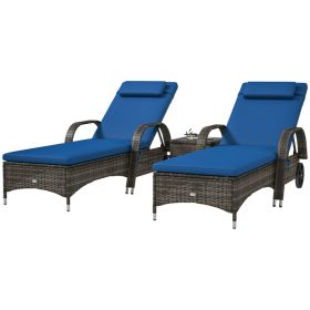 Patio Wicker Chaise Lounge Chair Set Of 2 With Table, Adjustable Backrest, Wheels, Cushion & Headrest, Blue (red: Blue)