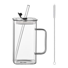 1 Pcs Transparent Glass Straw Cup, 4 Colors Square Glass Cup With Straw And Lid, High Borosilicate Glass Cup, Milk Cup, Juice Cup, Cold Drink Cup (red: Transparent)