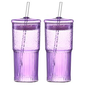 20 Oz 2-pack Purple Glass Straw Cup With Vertical Pattern Cup And Lid, High Borosilicate Heat-resistant Glass Cup For Juice, Milk And Cold Drinks (red: Purple)