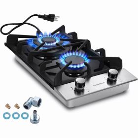 Kitchen Gas Cooktop 2 Dual Burners Tempered Glass Countertop Drop-in Gas Hob (red: 12inch)