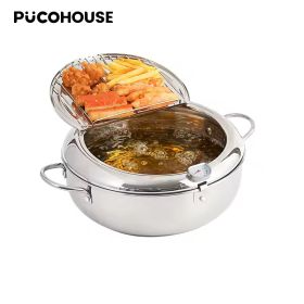 Tempura Deep Fryer Japanese Style Deep Fryer 304 Stainless Steel With Thermometer And Filter Cookware Deep Fryer (red: Silver)