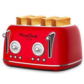 4 Slice Retro Style Toaster, Dual Control Toaster With Warming Rack, 6 Browning Settings, Bagel/Defrost Functions, Removable Crumb Tray, Stainles (red: Red)